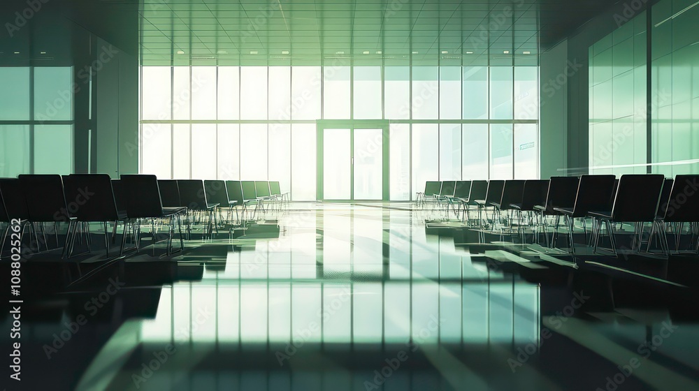 Poster an empty waiting area with rows of chairs facing a large window with a view of a cityscape in the di