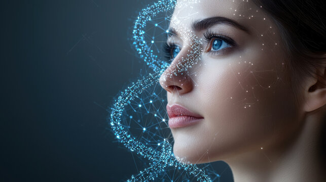 Portrait of woman with digital DNA visualization, showcasing biotechnology Woman in Tech Concept.
