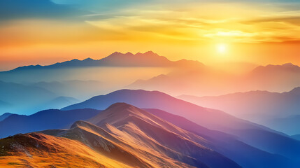 Stunning sunset view over layered mountain ranges in vibrant hues. Majestic Mountain Range. Illustration