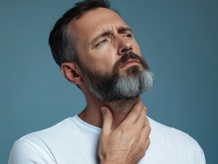 Fototapeta premium Bearded Man with Gray Hair, Scraggly Facial Hair and Short Beard in a White T-Shirt