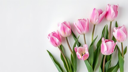 Obraz premium A beautiful arrangement of pink tulips on a white background, showcasing their vibrant colors and delicate petals.