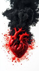A vivid, artistic representation of a red heart surrounded by black smoke and splashes of red, symbolizing passion and turmoil.