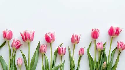Fototapeta premium A row of beautiful pink tulips with green leaves on a light background, perfect for floral arrangements and decorations.
