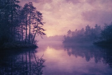 Misty morning sunrise over a still lake with trees reflected in the water.
