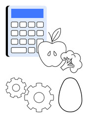Fototapeta premium Calculator, apple, broccoli, egg, and gears representing diet management, healthy eating, nutrition tracking, and meal planning. Ideal for fitness health apps diet plans nutrition studies weight