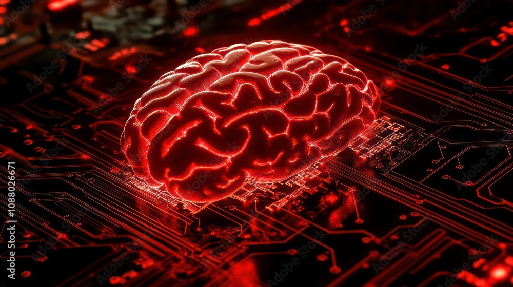 Poster ai hardware: red-glowing 3d brain circuit on microchip. powers big data processing, ai trading, mach