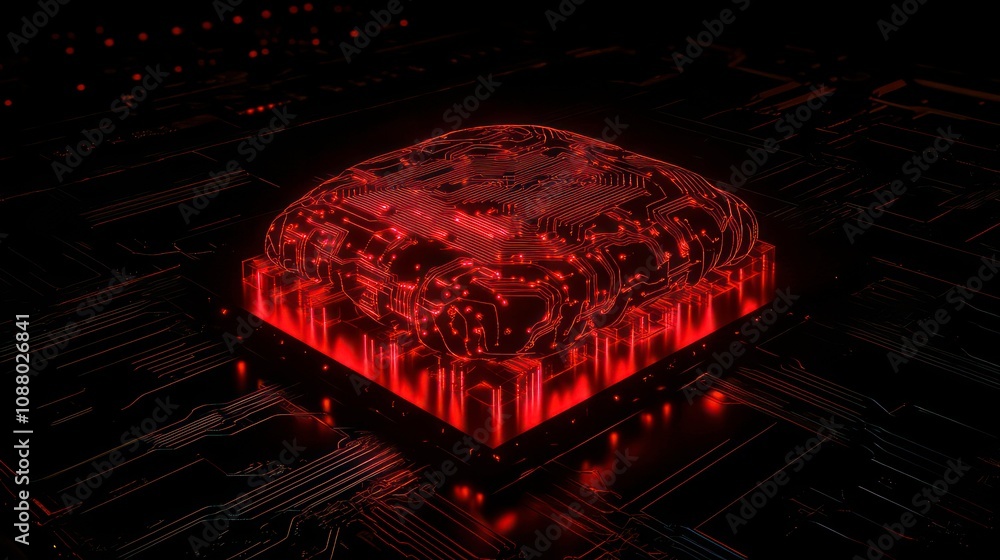 Poster ai hardware: red-glowing 3d brain circuit on microchip. powers big data processing, ai trading, mach