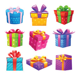 Set of colorful presents in various wrapping styles, perfect for holidays and celebrations. Vector cartoon illustration