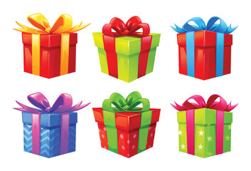 Set of colorful presents with bows and ribbons in various wrapping styles. Vector cartoon illustration