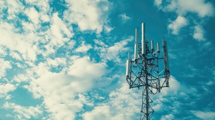 A tall cellular tower with multiple antennas against a blue sky with white fluffy clouds.