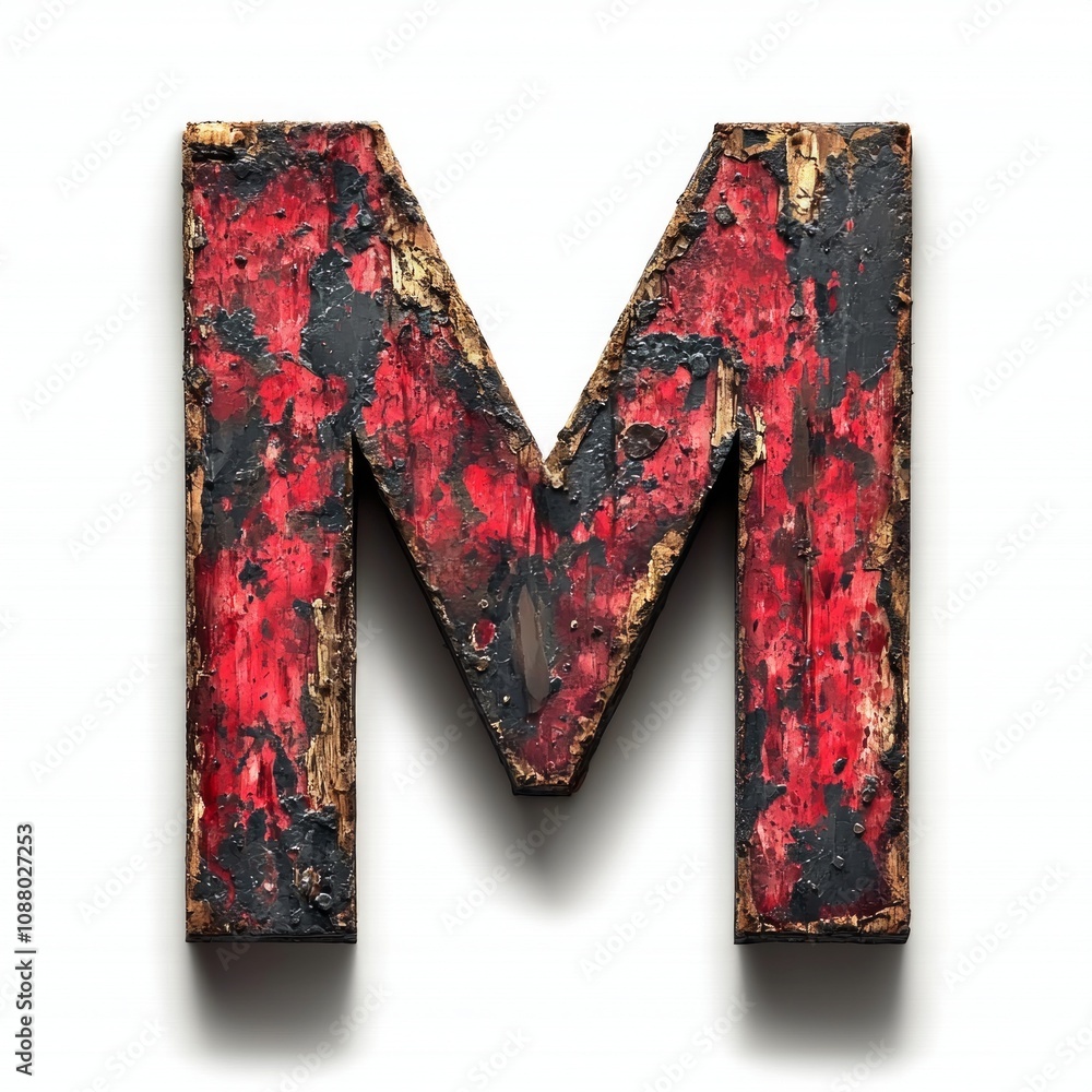 Poster bold representation letter m appears as thick red brown substance stark white surface creating strik