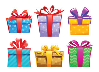 Set of gift boxes with bows in various colors, perfect for holidays and celebrations. Vector cartoon illustration
