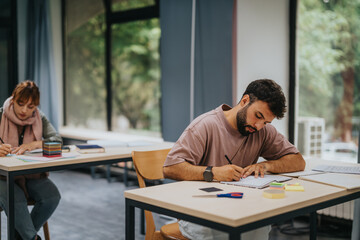 Two students are intently studying at desks in a well-lit, modern classroom. The setting is peaceful, with large windows providing natural light and a tranquil environment conducive to learning.