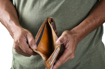 Empty wallet (no money) in hand. Empty purse without money. Financial crisis.