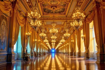 Obraz premium Opulent Hallway with Chandeliers and Golden Drapery in Historic Palace