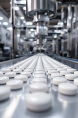 Obraz premium Automated Pharmaceutical Manufacturing Line with White Tablets on Conveyor Belt