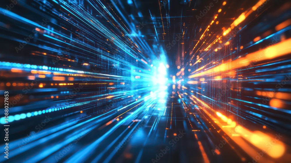 Poster abstract digital data streams in blue and orange, converging at a vanishing point, creating a sense 