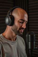 Male Voice Artist Recording in a Soundproof Studio with Headphones and Microphone