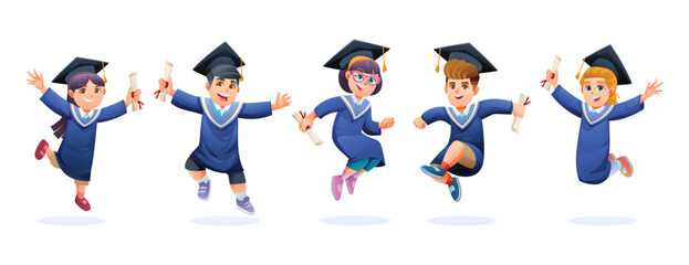 Five kids in graduation gowns and caps, holding diplomas and jumping with excitement. Vector cartoon illustration