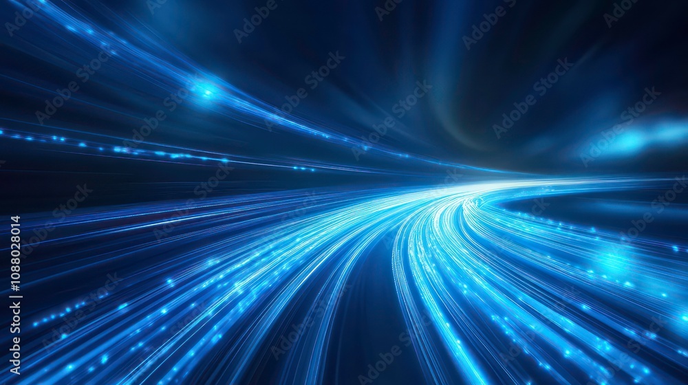 Wall mural abstract blue light streaks on a black background, representing speed and motion.