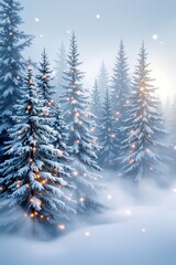 Fototapeta premium Magical Winter Wonderland with Snow-Covered Pine Trees and Soft Glowing Lights