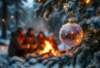 Frosted Ornament and Cozy Campfire: A Winter Evening Scene with Snow-Dusted Bauble, Warm Firelight, and Friends Sharing Moments in a Snowy Forest