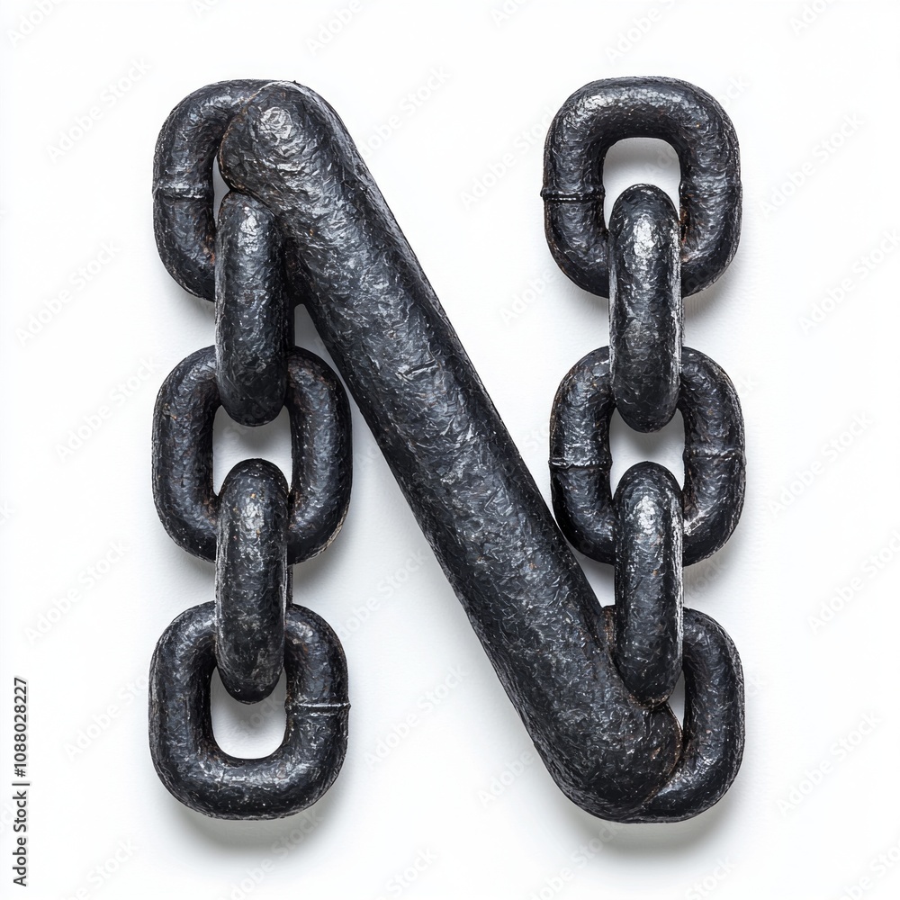Poster artistic representation letter n created rough textured chain links placed clean white backdrop. des