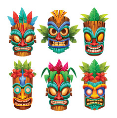 Set of tiki masks with unique tribal designs, colorful patterns, and details. Vector cartoon illustration