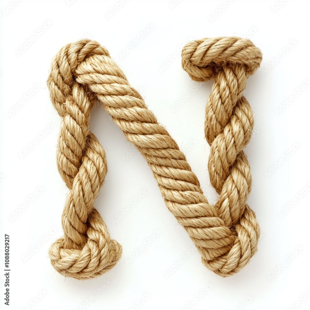 Poster letter n designed using twisted ropes presenting unique texture stark white background highlights it