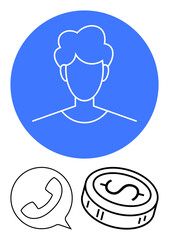 User profile in blue circle, chat bubble with phone icon, and dollar coin display communication and financial support. Ideal for customer service, finance, mobile apps, call centers, helplines