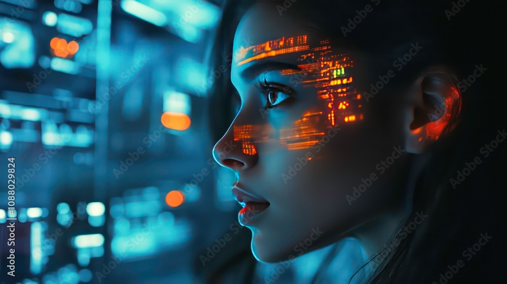 Aufkleber a woman’s face is illuminated by the digital glow of multiple screens, her features overlaid with da