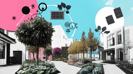 This digital collage features a blend of urban landscape with greenery and symbols of sustainability, showcasing a minimalist aesthetic.