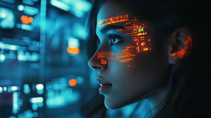 A woman’s face is illuminated by the digital glow of multiple screens, her features overlaid with data points in a high-tech, futuristic setting.