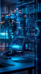 Innovative Action in a Futuristic Bank Office Smart Contract Security Technology Modern Workspace Environment Digital Interface Overview