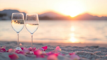 Two wine glasses sit among flower petals on the sand, framing a beautiful sunset at the beach for a romantic moment
