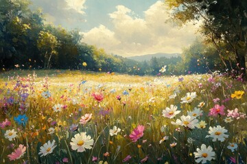 Fototapeta premium A vibrant field of wildflowers blooms under a bright blue sky, with a forest in the background.