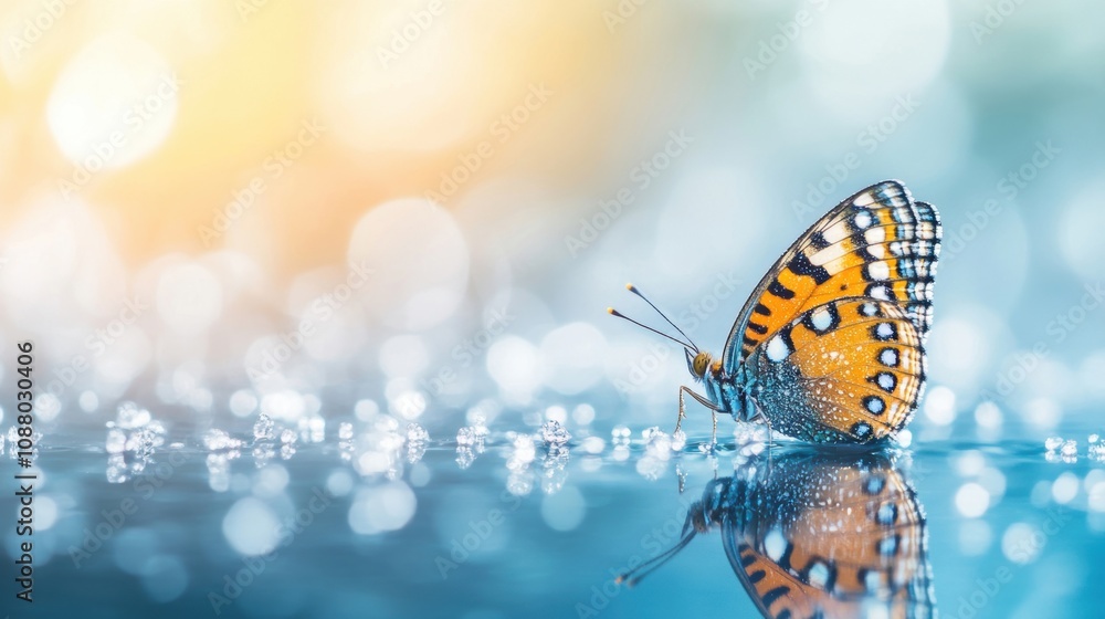 Wall mural A colorful butterfly perches on a shimmering water surface, surrounded by delicate morning dew droplets under soft sunlight