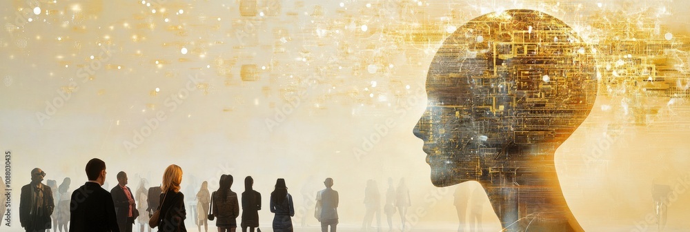 Poster a gathering of individuals explores an abstract ai representation, showcasing interaction and intere
