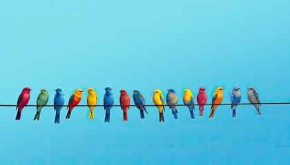 Group of birds, each with a different color of feathers, arranged in a horizontal row against a blue background.