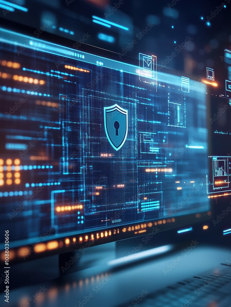 Leinwandbilder the display showcases a shield and lock icon, highlighting the importance of cybersecurity in today'