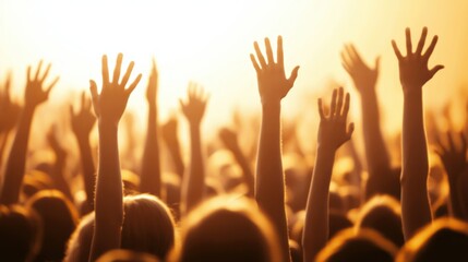 As the sun sets, concertgoers raise their hands in unison, expressing joy and energy at an outdoor music event