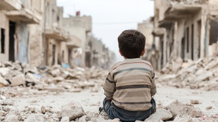 A young child sits alone among the debris of destroyed buildings, contemplating the aftermath of war and the impact on childhood