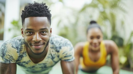 A young couple exercises together, smiling and enjoying an outdoor workout surrounded by lush greenery, showcasing fitness and teamwork.