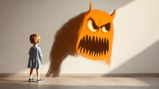 A young child stands in front of a scary shadow monster on a wall, representing childhood fears and imagination in a dramatic scene.