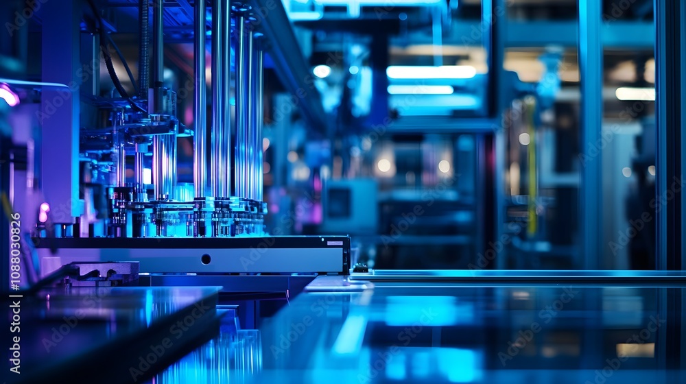 Aufkleber a factory with a blue background and a machine with a blue light on it. the machine is surrounded by