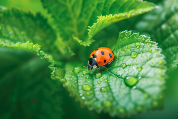 Naklejka premium One lonely small red ladybug on leaf. Good luck charm.