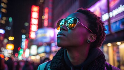 Obraz premium This dynamic portrait showcases an individual adorned with oversized sunglasses that catch flickering neon lights from a bustling nightlife scene. The bright chaotic reflections in