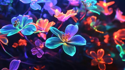 A vividly colorful arrangement of neon flowers glowing against a dark background, creating a mesmerizing and fantastical visual.