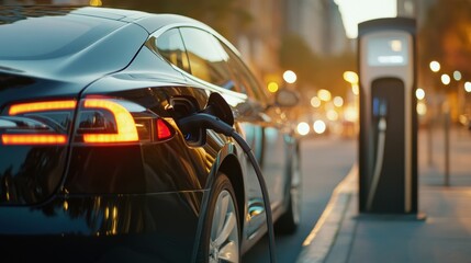 Naklejka premium An electric car is plugged in at a charging station, surrounded by soft night lights and city ambiance, ensuring a sustainable journey