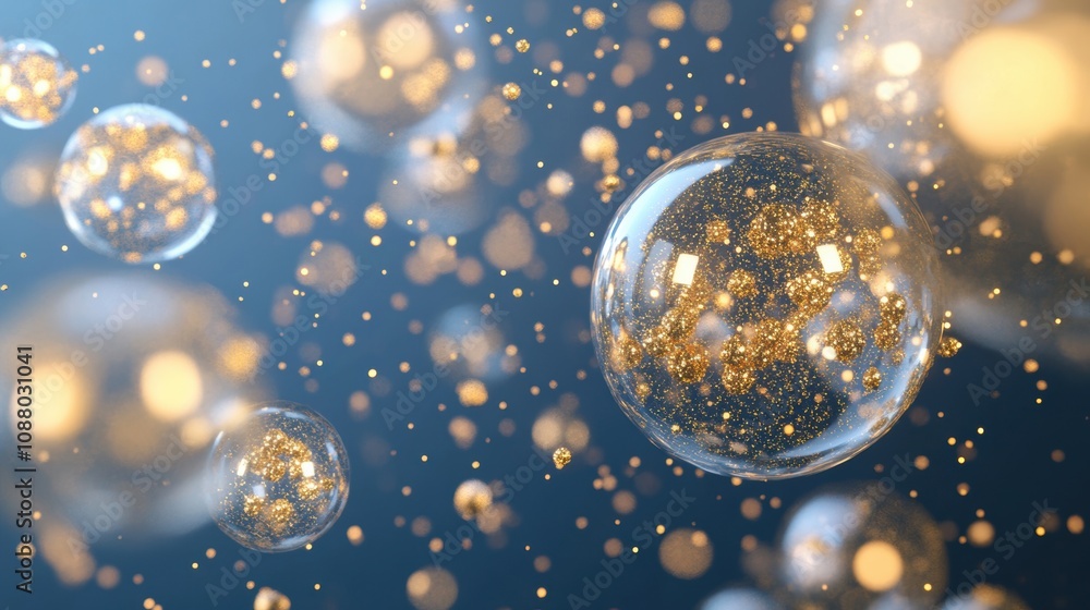 Poster transparent spheres with golden particles float gently against a captivating blue backdrop, creating